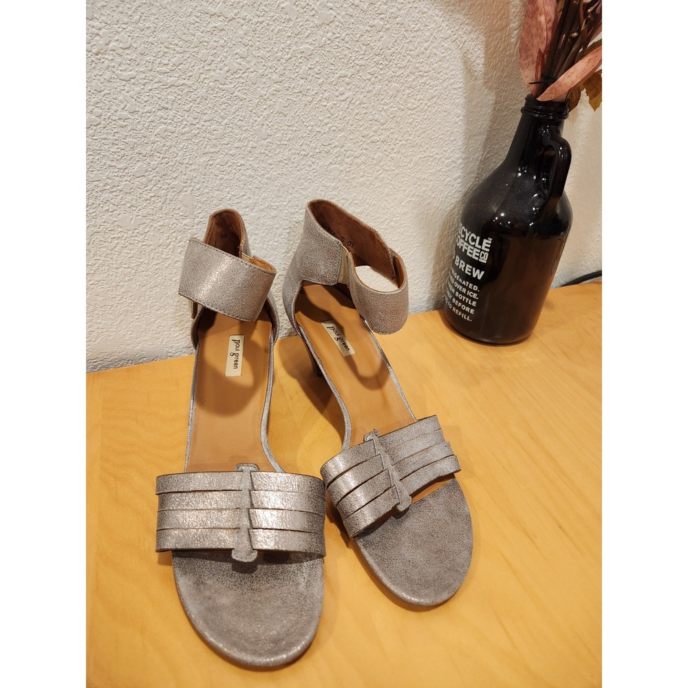 Paul Green Metallic Silver Leather Ankle Strap Block Heel‎ Sandals Shoes